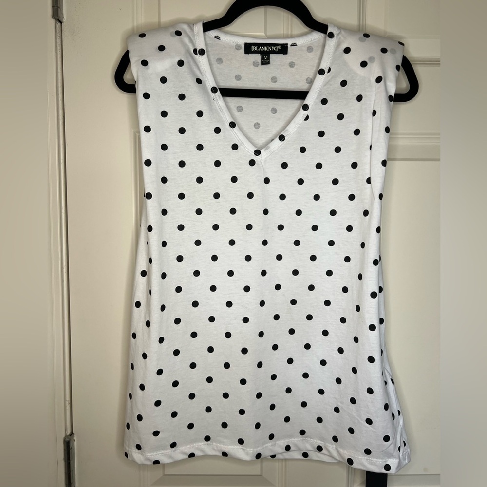 NWT Blank NYC Shoulder Pad Tank Top. White and Black‎ Polka Dots. Size Medium